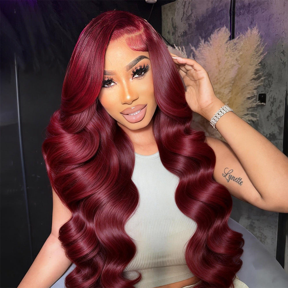 Hairsmarket 99J Burgundy Colored 13x6 Full Lace Frontal Wig Straight Body Wave Human Hair Wigs