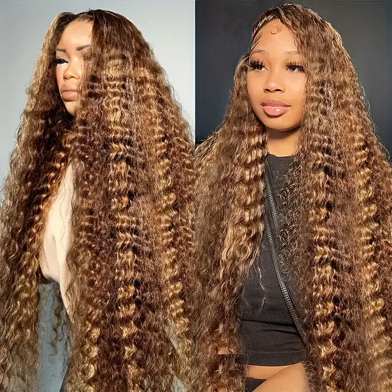 30"=$185 | Hairsmarket P4/27 Color Deep Wave Highlight Wig 13x6 HD Lace Front Wig Honey Blonde Glueless Human Hair Wig 180% Density