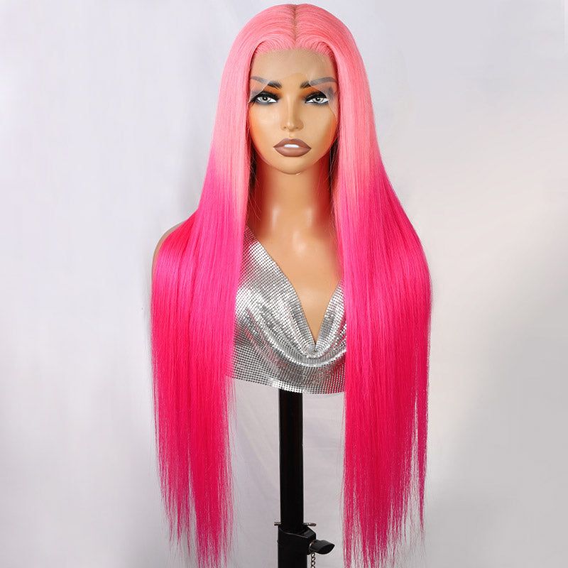 Ombre Rose Pink Straight Human Hair Lace Front Wigs HD Transparent Pre Plucked Glueless Wigs