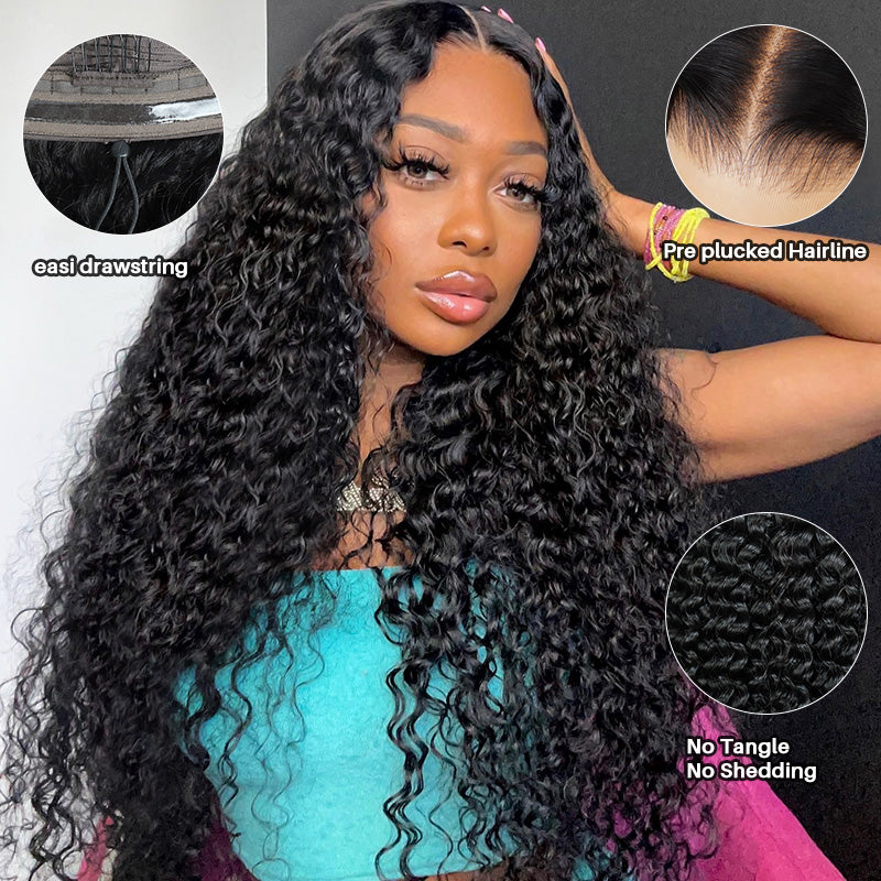 Hairsmarket Pull And Go Drawstring Deep Wave Lace Wig 13x4 HD Full Lace Frontal Wig Drawstring Wig Friendly For Beginners