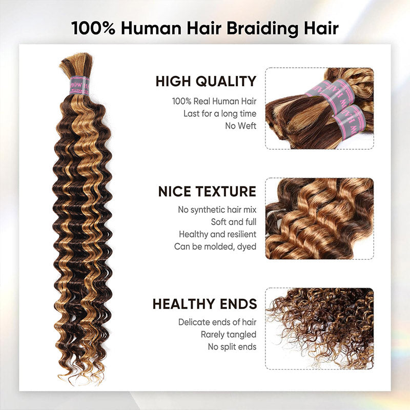 Hairsmarket Deep Wave Human Hair Bulk Braids Extension Highlight P4/27 Boho Braiding Bundles