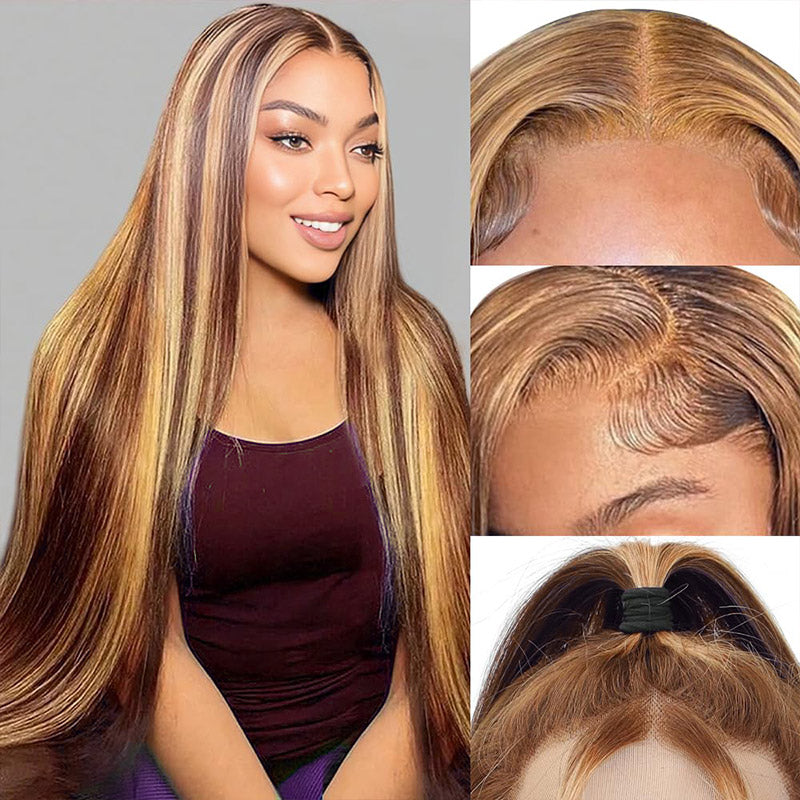 30"=$185| Hairsmarket P4/27 Color Highlight Wig 13x6 HD Lace Front Wig Straight Honey Blonde Glueless Human Hair Wig