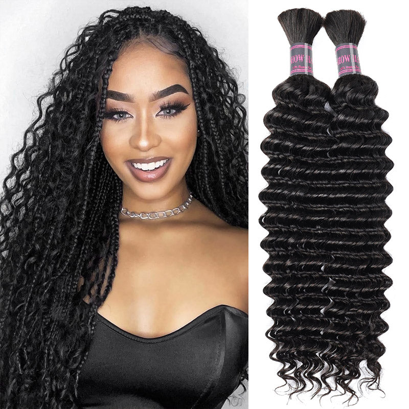 Hairsmarket Deep Wave Human Boho Braiding Hair Deep Wave Bulk Human Hair 1/3/4 Bundles Hair Extensions For Braiding