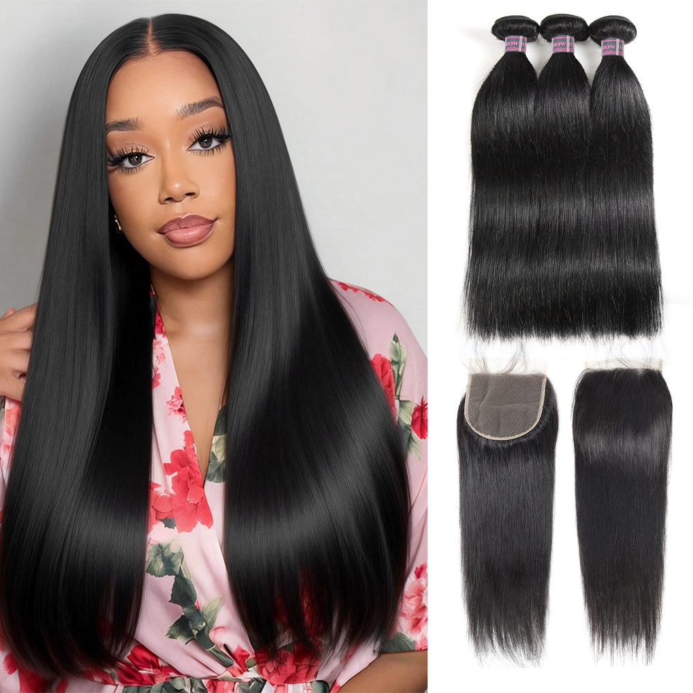 Hairsmarket Straight Bundles with Closure Brazilian Hair 3 Bundles with 4x4 Lace Closure