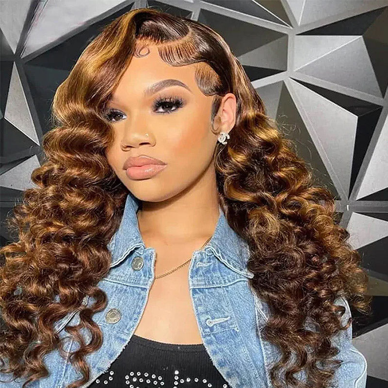 30"=$185 | Hairsmarket Loose Deep P4/27 Color Highlight Wig 13x6 HD Lace Front Wig Honey Blonde Glueless Human Hair Wig 180% Density