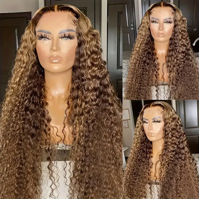 30"=$185 | Hairsmarket P4/27 Color Deep Wave Highlight Wig 13x6 HD Lace Front Wig Honey Blonde Glueless Human Hair Wig 180% Density