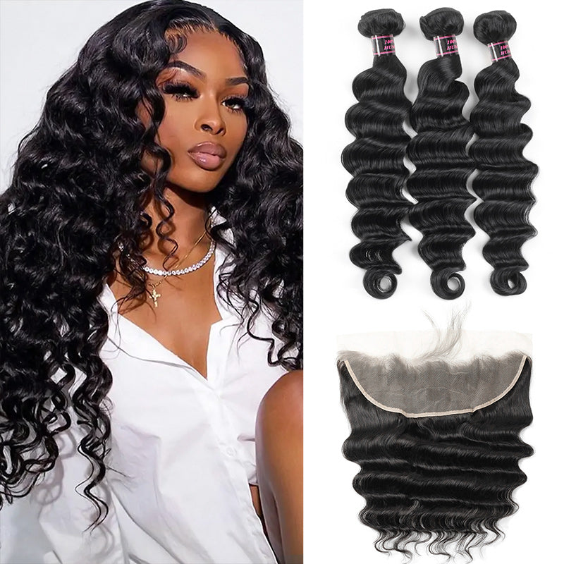 Hairsmarket 13x4 Lace Frontal With 3 Bundles Loose Deep Wave Brazilian Human Hair Extensions