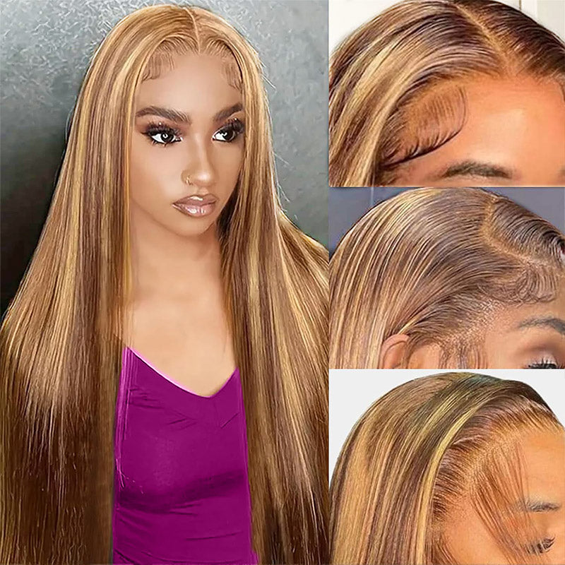 30"=$185| Hairsmarket P4/27 Color Highlight Wig 13x6 HD Lace Front Wig Straight Honey Blonde Glueless Human Hair Wig