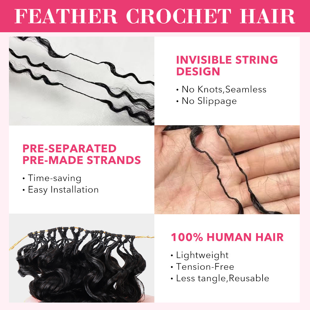 Feather Crochet Hair Extension Kinky Curly Pre-looped 100% Human Hair Protective Style 60g