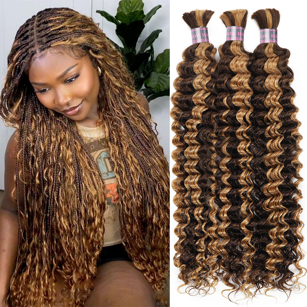 Hairsmarket Deep Wave Human Hair Bulk Braids Extension Highlight P4/27 Boho Braiding Bundles