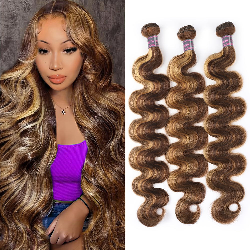 Hairsmarket Honey Blonde Highlight P4/27 Brazilian Body Wave 100% Virgin Human Hair 3 Bundles