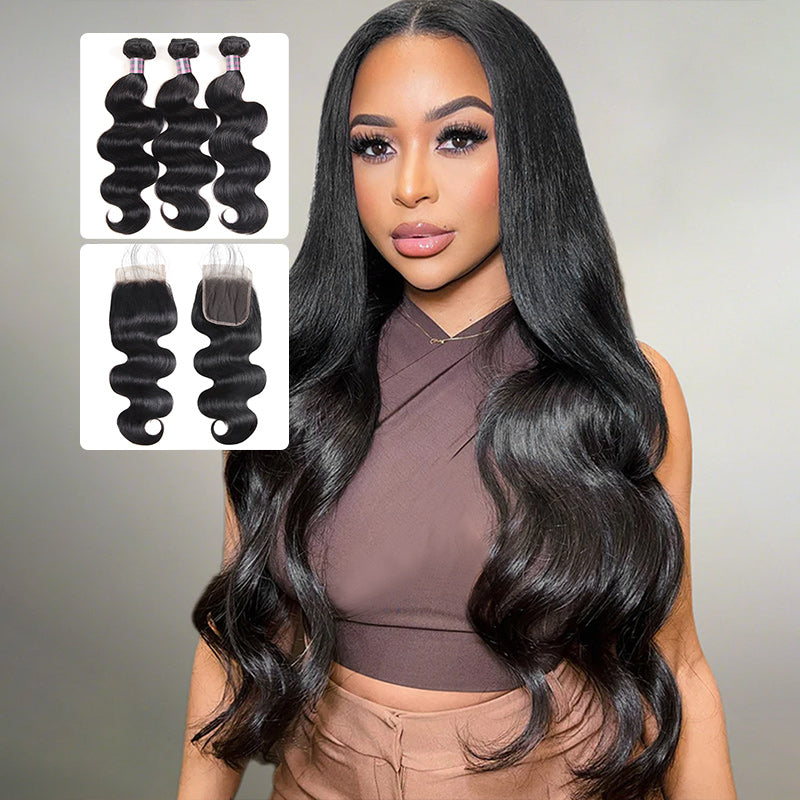 Hairsmarket Body Wave Bundles with Closure Brazilian Human Hair 3 Bundles with 4x4 Lace Closure