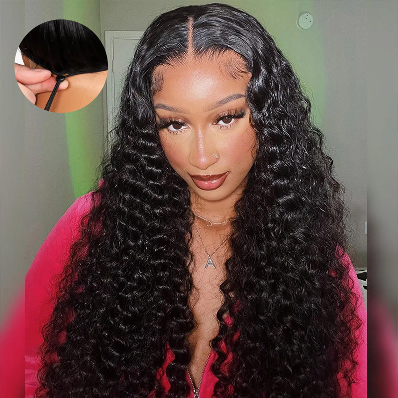 Hairsmarket 13x6 HD FuLL Lace Frontal Wig Deep Wave Pull On and Go Drawstring Human Hair Wig