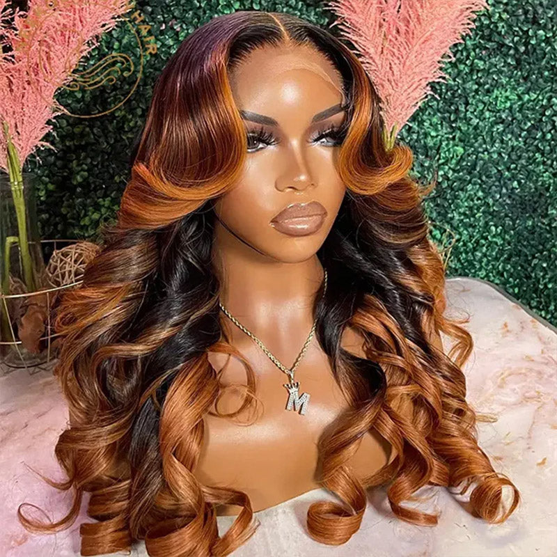 Hairsmarket Ombre Brown Highlight 13x4 Full Lace Frontal Wig Body Wave HD lace Human Hair Colored Wig 32 Inch 180% Density