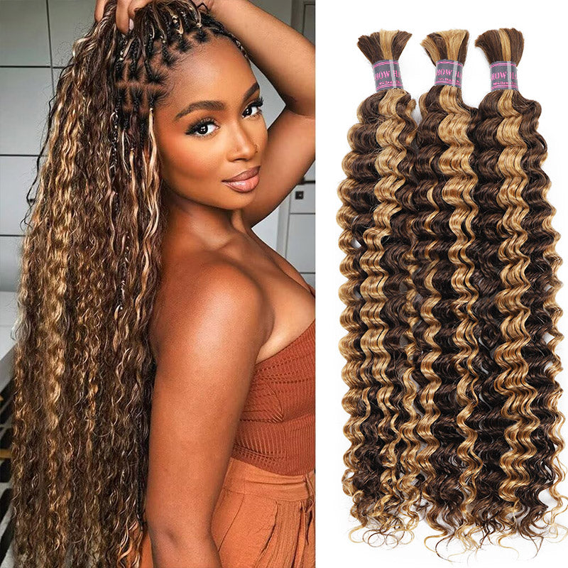 Hairsmarket Deep Wave Human Hair Bulk Braids Extension Highlight P4/27 Boho Braiding Bundles