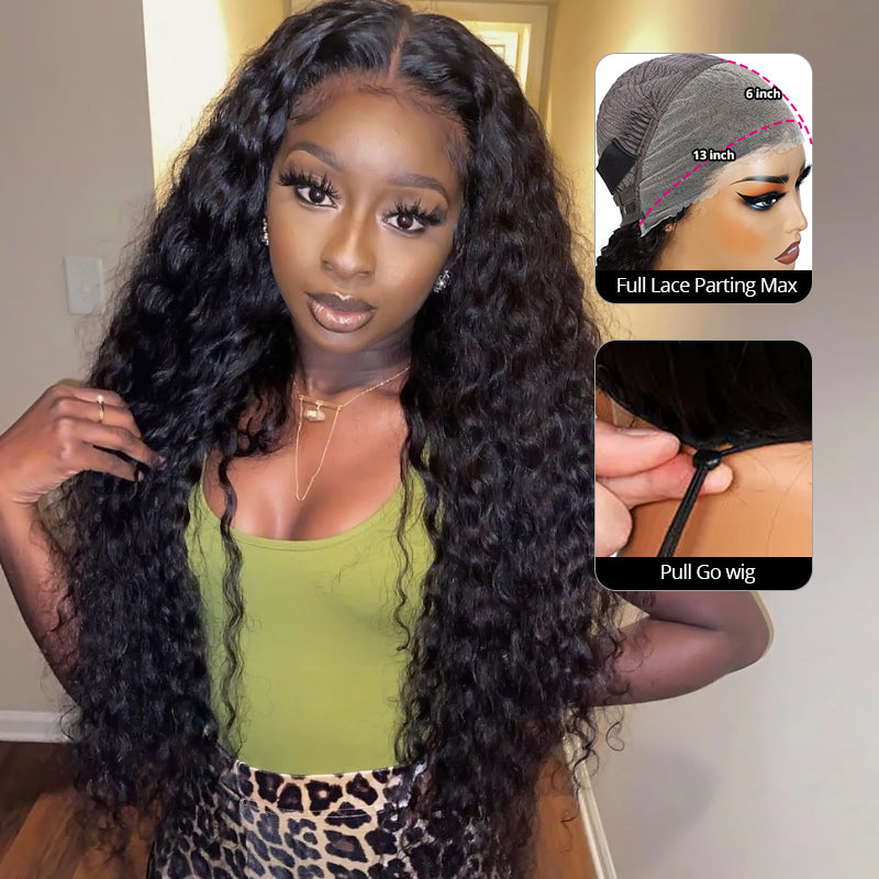 Hairsmarket 13x6 HD FuLL Lace Frontal Wig Deep Wave Pull On and Go Drawstring Human Hair Wig