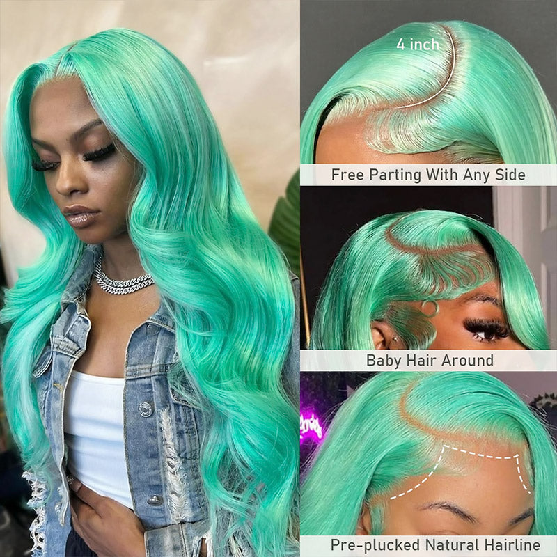 Hairsmarket Mint Green 13x6 Lace Front Wig Body Wave Straight Human Hair Wig 32 Inch 180% Density