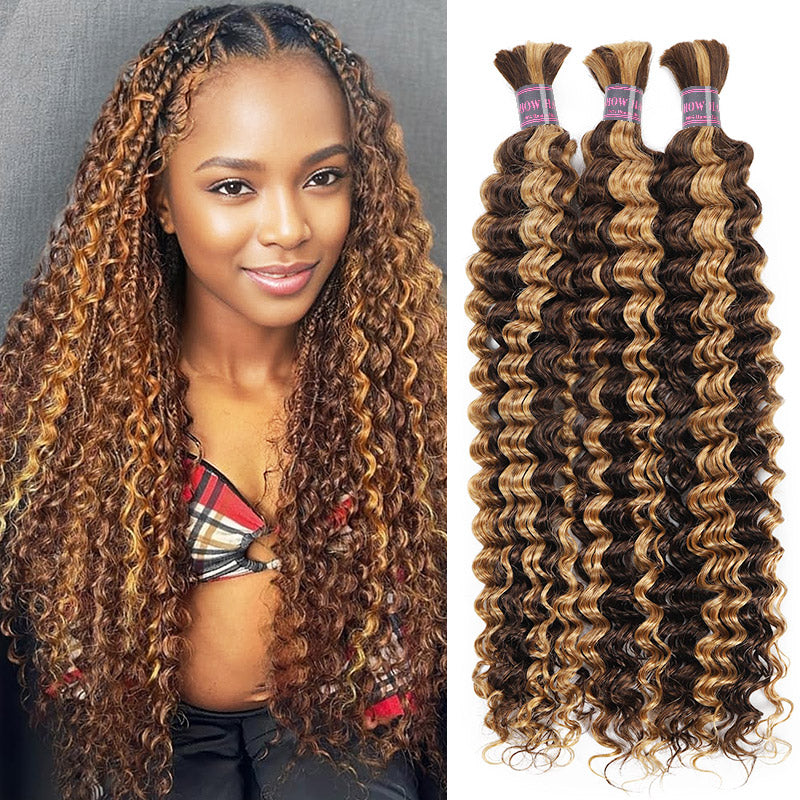 Hairsmarket Deep Wave Human Hair Bulk Braids Extension Highlight P4/27 Boho Braiding Bundles
