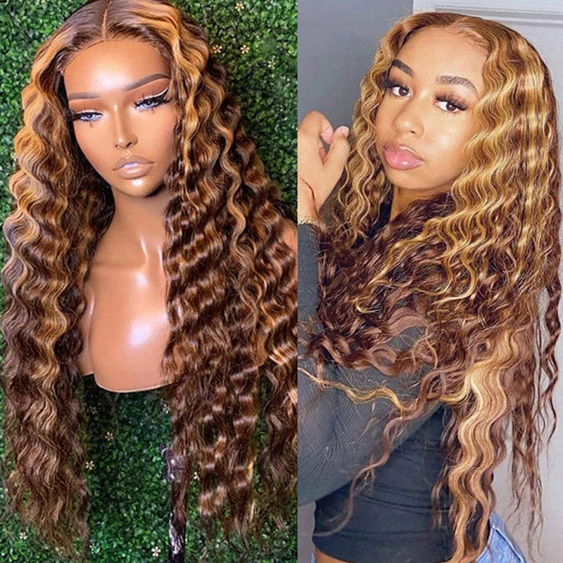 30"=$185 | Hairsmarket Loose Deep P4/27 Color Highlight Wig 13x6 HD Lace Front Wig Honey Blonde Glueless Human Hair Wig 180% Density