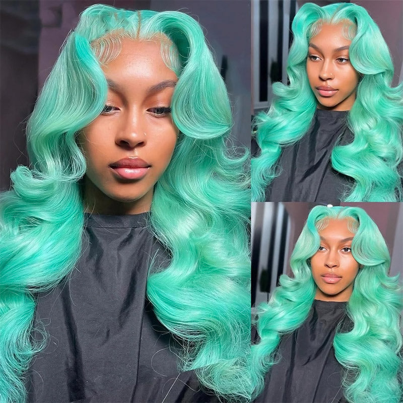 Hairsmarket Mint Green 13x6 Lace Front Wig Body Wave Straight Human Hair Wig 32 Inch 180% Density