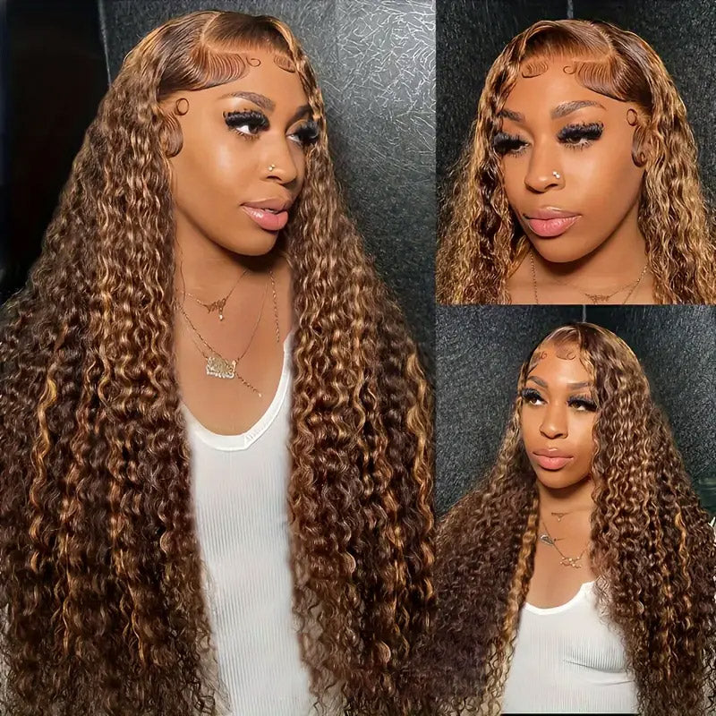 30"=$185 | Hairsmarket P4/27 Color Deep Wave Highlight Wig 13x6 HD Lace Front Wig Honey Blonde Glueless Human Hair Wig 180% Density