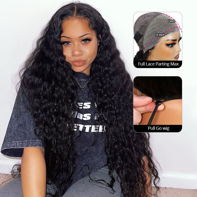 Hairsmarket 13x6 Pull On and Go Drawstring Wig Water Wave HD Lace Frontal Wig 100% Virgin Human Hair Wig