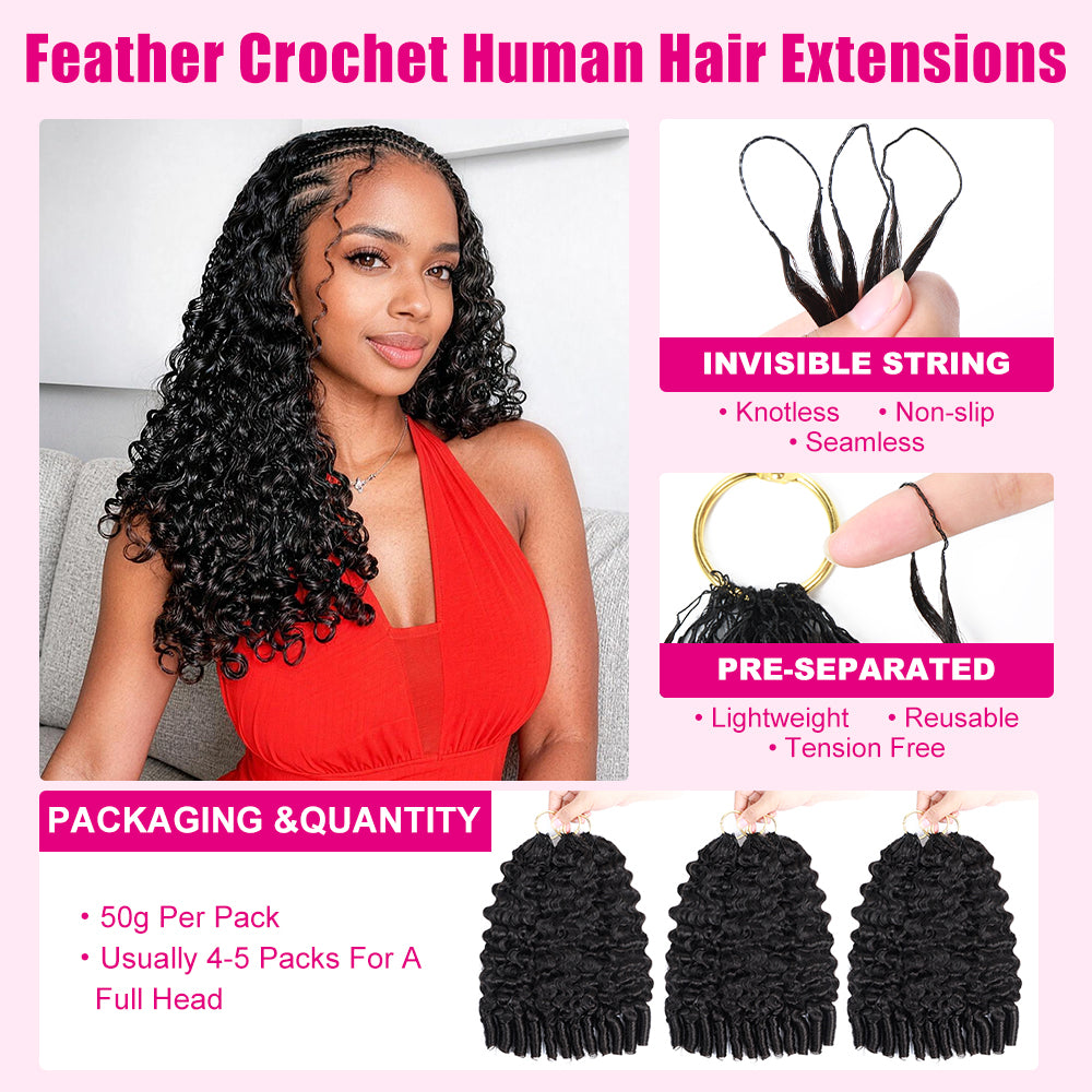 【Knotless Crochet Braids 】Feather Crochet Hair Extension Burmese Curly Pre-looped 100% Human Hair Protective Style