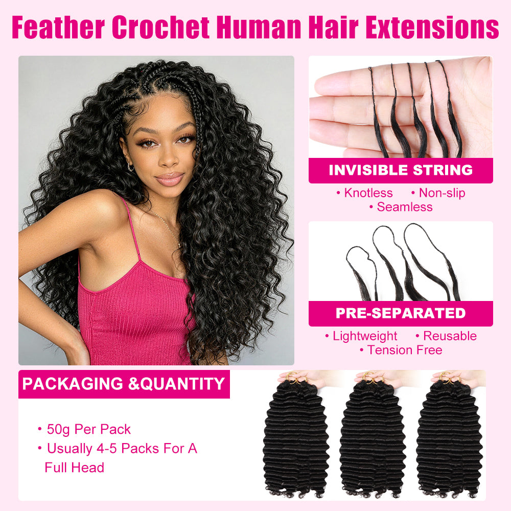 【Knotless Crochet Braids】Feather Crochet Hair Extension Deep Wave Pre-looped 100% Human Hair Protective Style