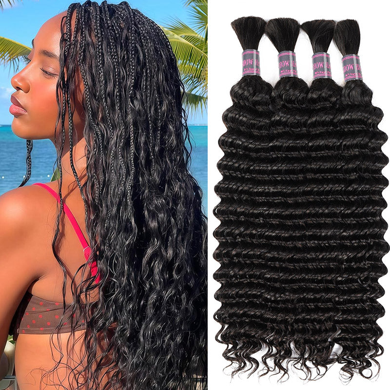 Hairsmarket Deep Wave Human Boho Braiding Hair Deep Wave Bulk Human Hair 1/3/4 Bundles Hair Extensions For Braiding