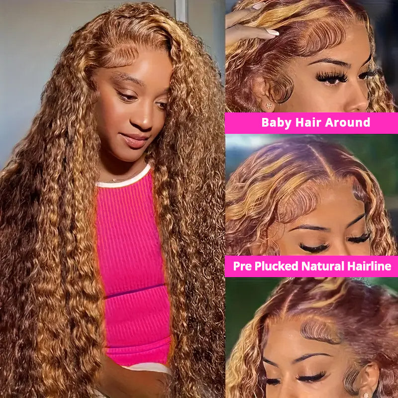 30"=$185 | Hairsmarket P4/27 Color Deep Wave Highlight Wig 13x6 HD Lace Front Wig Honey Blonde Glueless Human Hair Wig 180% Density