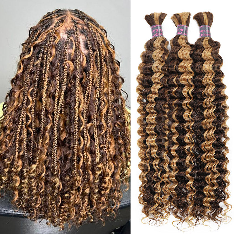Hairsmarket Deep Wave Human Hair Bulk Braids Extension Highlight P4/27 Boho Braiding Bundles