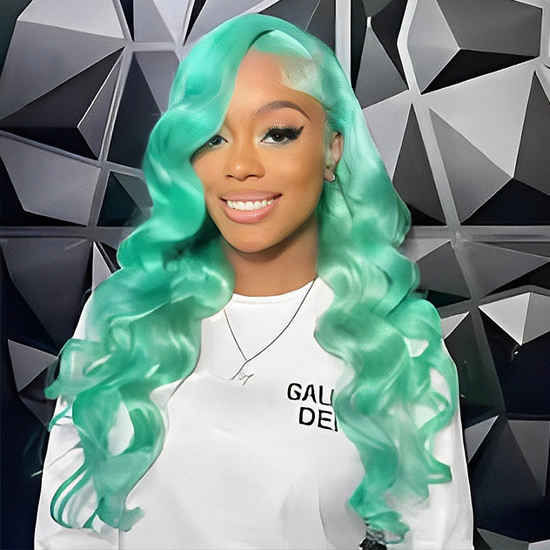 Hairsmarket Mint Green 13x6 Lace Front Wig Body Wave Straight Human Hair Wig 32 Inch 180% Density