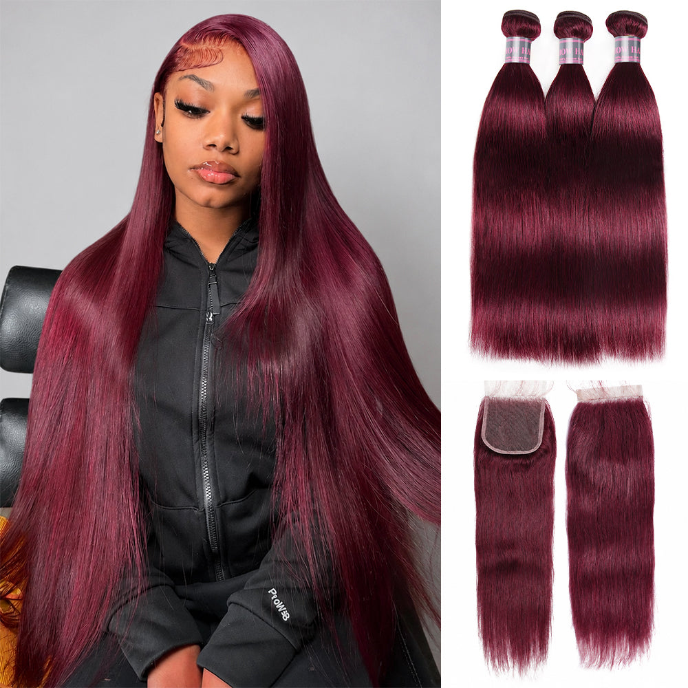 Hairsmarket 99J Burgundy Bundles with Closure Straight Human Hair Bundles with 4x4 Lace Closure
