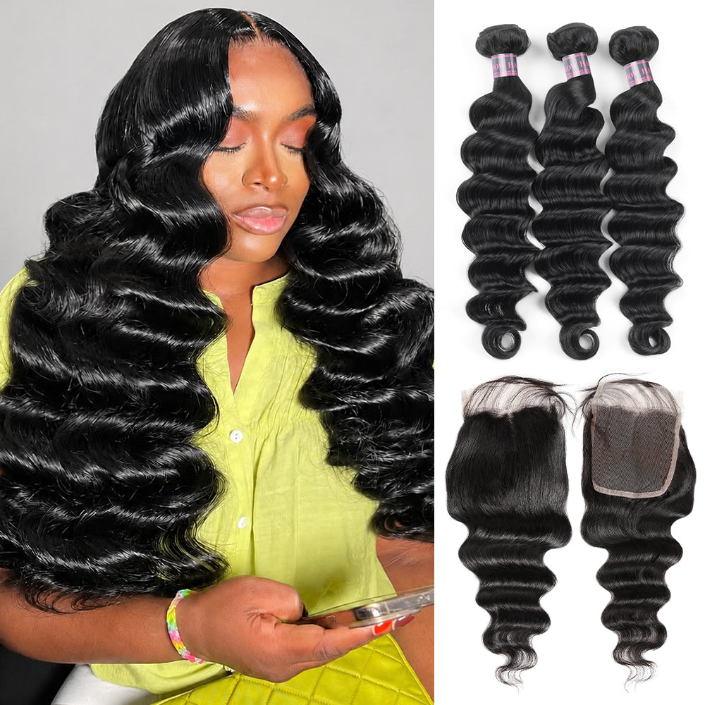 Hairsmarket Loose Deep Wave Bundles with Closure Peruvian Hair 3 Bundles with 4x4 Lace Closure Virgin Human Hair