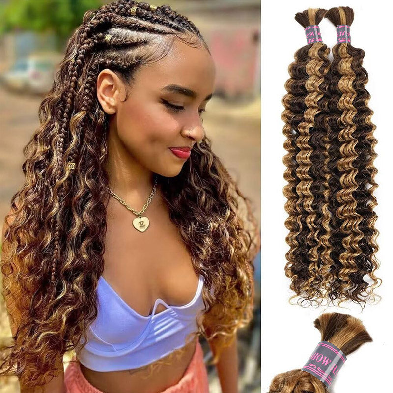 Hairsmarket Deep Wave Human Hair Bulk Braids Extension Highlight P4/27 Boho Braiding Bundles