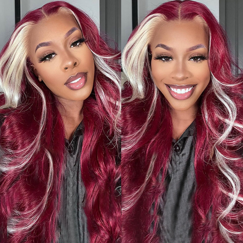 Burgundy Color Skunk Stripe Wig Burgundy Blonde Colored Wig 13x4 Lace Front Wig Body Wave HD Wigs