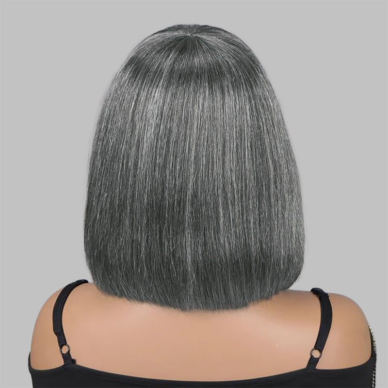 Chic Medium Silver Gray Straight Bob Wig With Bangs Real Glueless Human Hair Wigs For Older Women Salt And Pepper Wig