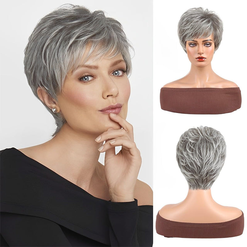 Short Grey Wigs for White Women Pixie Cut Gray Wigs with Bangs Natural Curly Short Mixed White Wig for Older Women