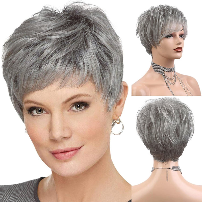 Short Grey Wigs for White Women Pixie Cut Gray Wigs with Bangs Natural Curly Short Mixed White Wig for Older Women