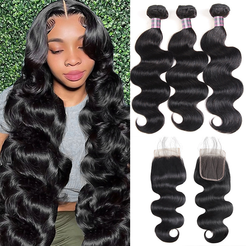 Hairsmarket Body Wave 3 Bundles with 4x4 Closure Brazilian 100% Human Hair Extensions