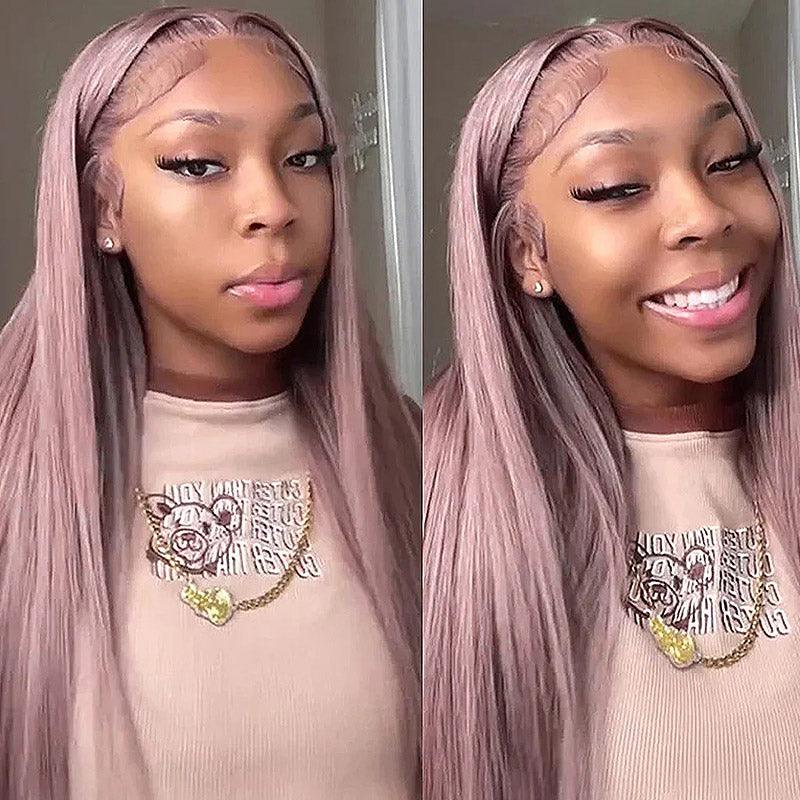 Hairsmarket Ash Purple HD Lace Front Wig Body Wave Straight Human Hair Wig Rose Gold Color 180% Density