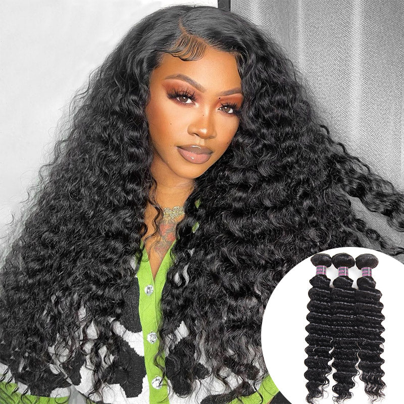 Hairsmarket Brazilian Deep Wave Bundles Deep Curly Human Hair Weave 3 Bundles