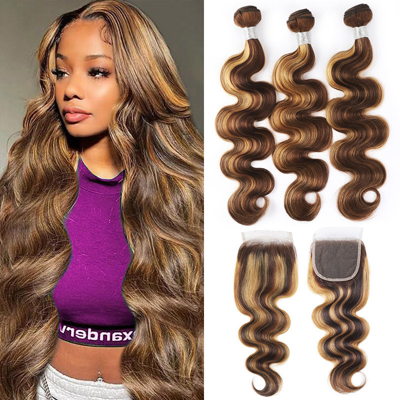Hairsmarket Balayage Highlight Honey Blonde Bouncy Body Wave Hair 3 Bundles with 4x4 Lace Closure P4/27