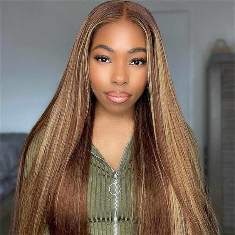 Straight Hair Wear & Go Glueless Wigs P4/27 Highlights 13x6 Lace Front Wigs Bleached Knots Human Hair Wig