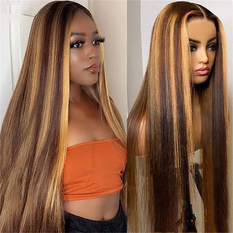 Straight Hair Wear & Go Glueless Wigs P4/27 Highlights 13x6 Lace Front Wigs Bleached Knots Human Hair Wig