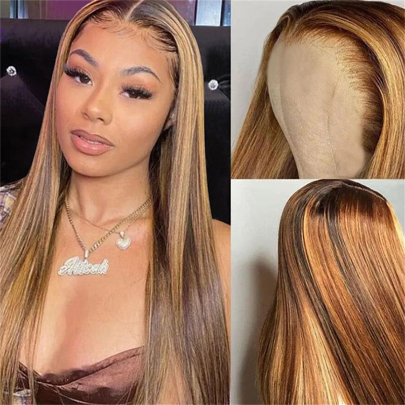 Straight Hair Wear & Go Glueless Wigs P4/27 Highlights 13x6 Lace Front Wigs Bleached Knots Human Hair Wig