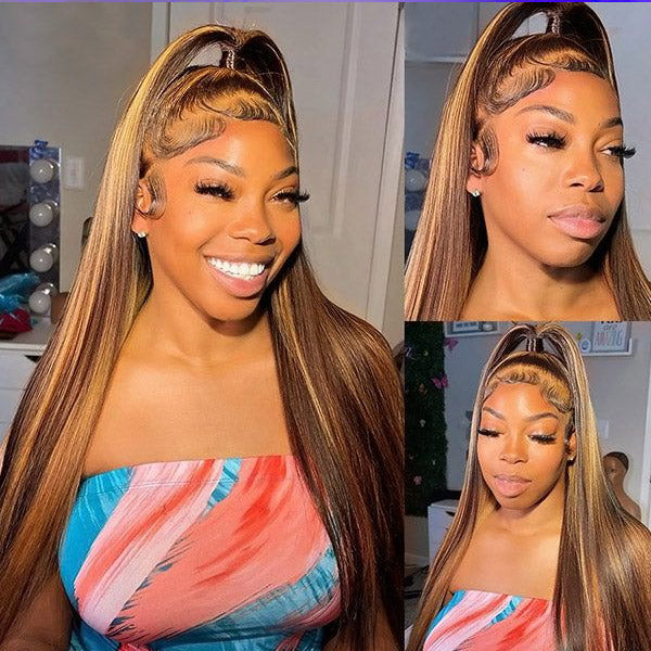 Wear & Go Wigs Highlight Honey Blonde Glueless Wigs Straight Hair 13x4 Lace Front Wigs Pre Cut Lace