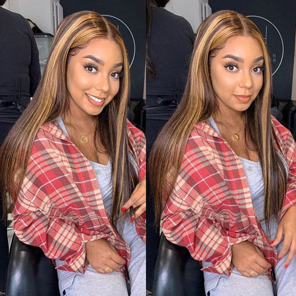 Wear & Go Wigs Highlight Honey Blonde Glueless Wigs Straight Hair 13x4 Lace Front Wigs Pre Cut Lace