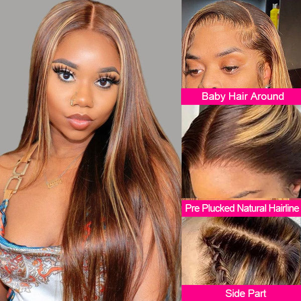 Wear & Go Wigs Highlight Honey Blonde Glueless Wigs Straight Hair 13x4 Lace Front Wigs Pre Cut Lace