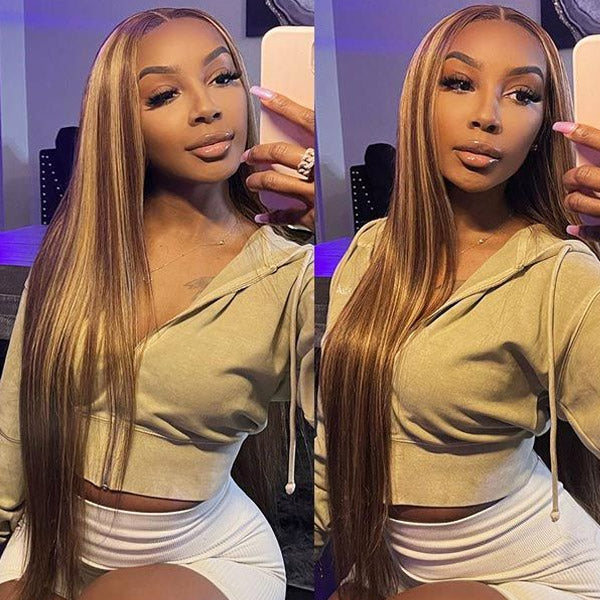 Wear & Go Wigs Highlight Honey Blonde Glueless Wigs Straight Hair 13x4 Lace Front Wigs Pre Cut Lace